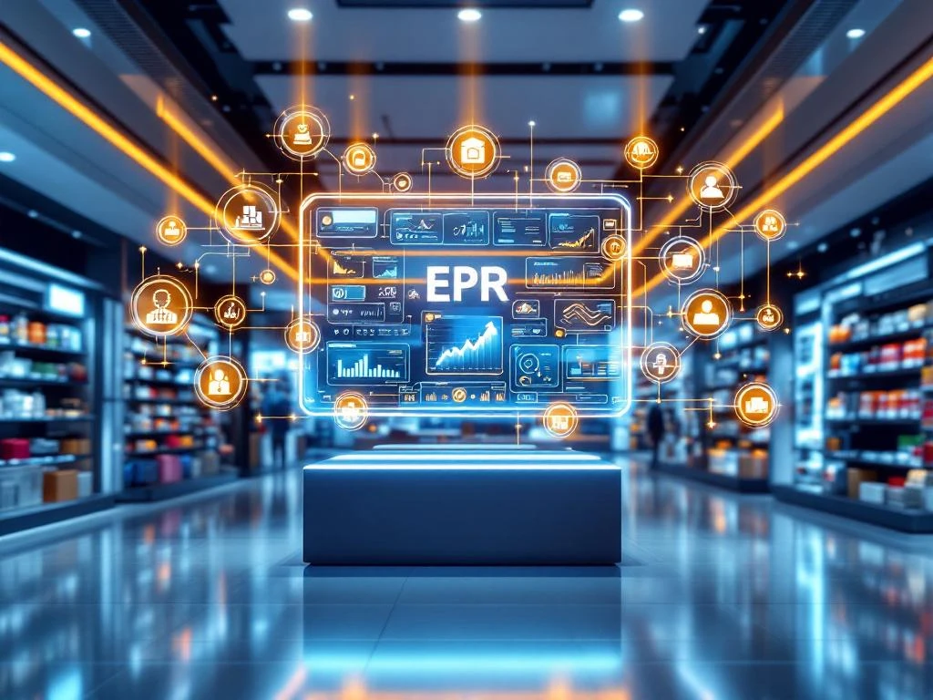 Holografisch ERP-dashboard in moderne winkel toont verbonden bedrijfsmodules met gouden lichtstralen naar retail-elementen