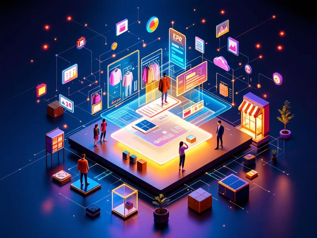 Holografisch ERP-dashboard boven bureau met 3D mode- en retailelementen in paars, blauw en goud