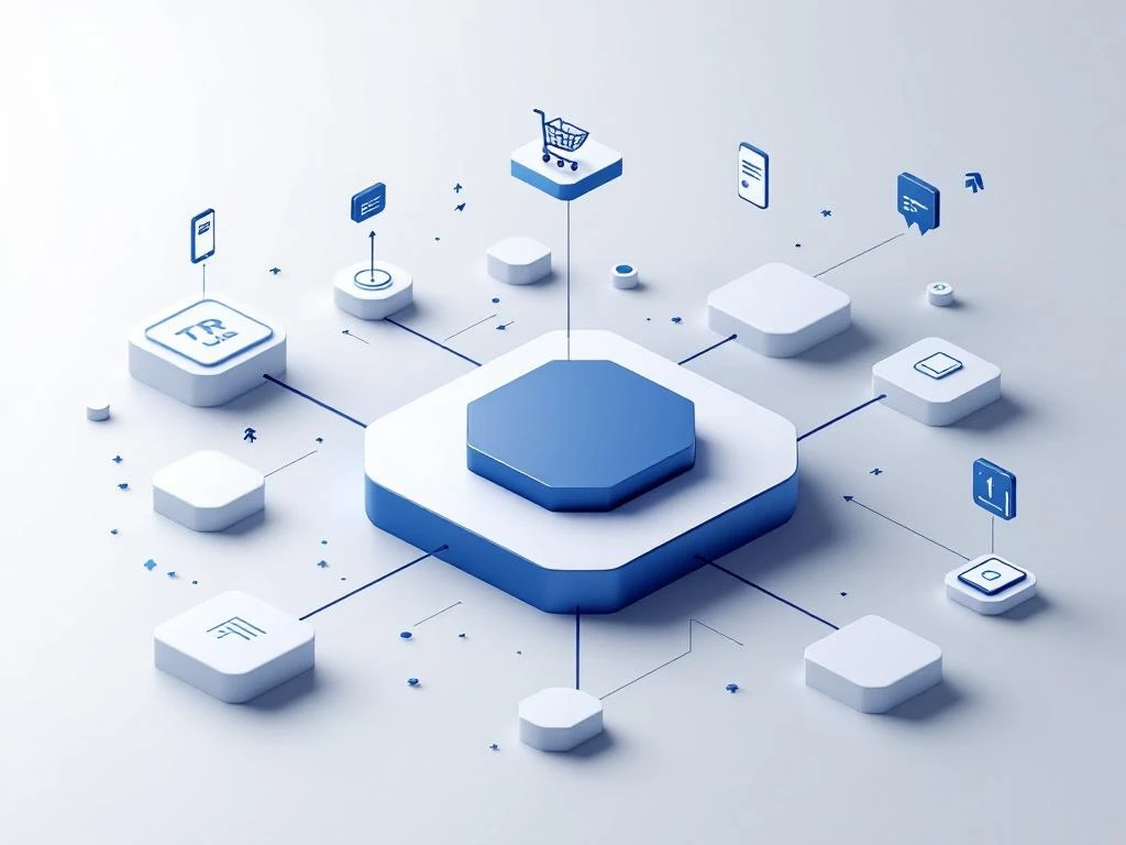 ERP-integratiesysteem met centrale blauwe hub verbonden aan witte modules via lijnen, met winkelwagen- en data-iconen