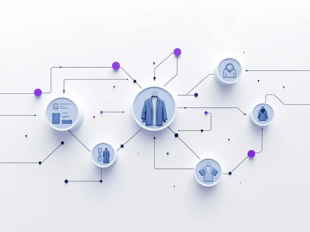 Geometrische vormen verbonden door pijlen tonen ERP-workflow tussen kledingiconen en leveranciersnetwerk op witte achtergrond