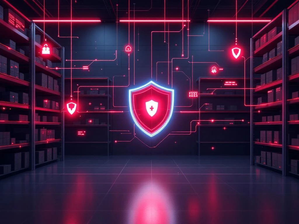 Digitaal magazijn met beveiligingsschild en rode waarschuwingssymbolen boven voorraadboxen, netwerklijnverbindingen