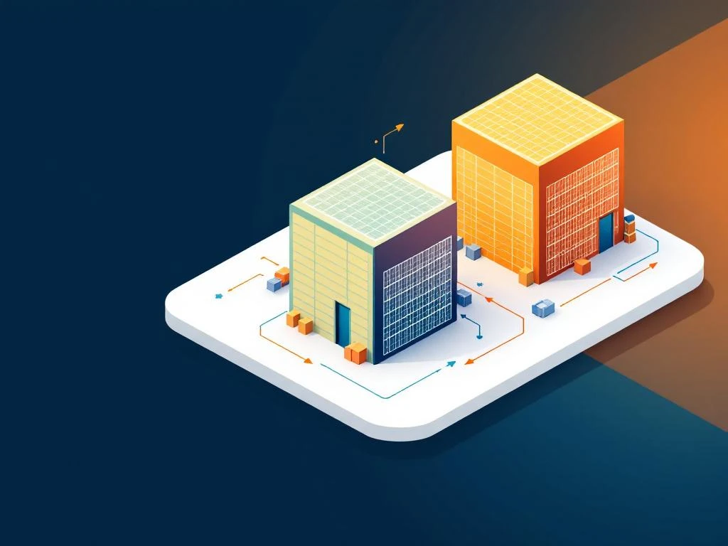 Drie geometrische magazijnstructuren in isometrische stijl met kleurgecodeerde inventarissystemen en dataverbindingen