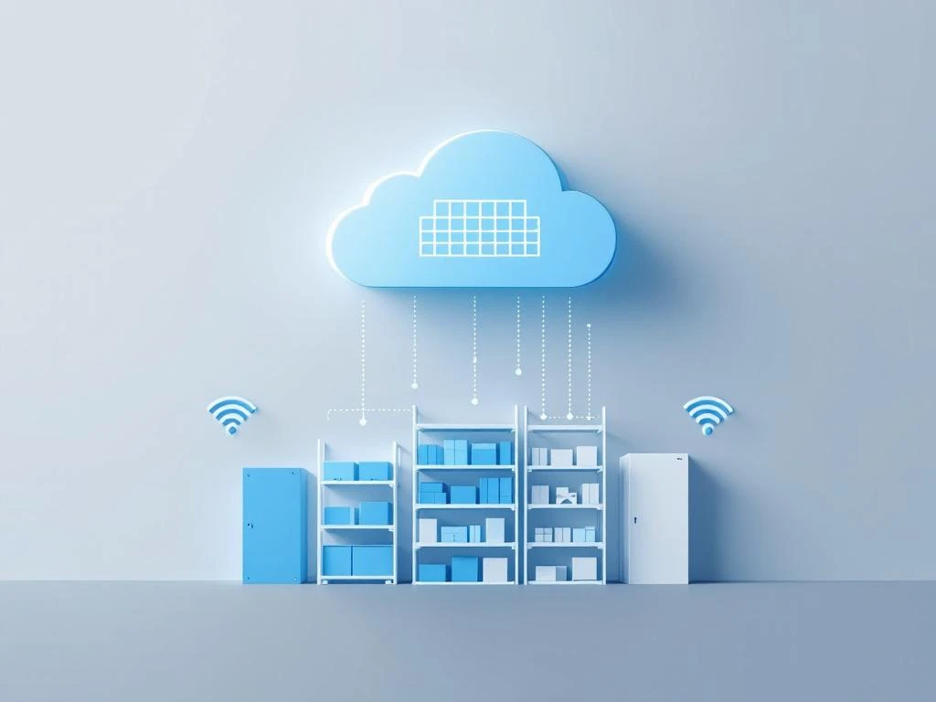 Cloud-icoon verbonden met serverracks en magazijnschappen via stippellijnen, blauwe gradiënt achtergrond, ERP software concept