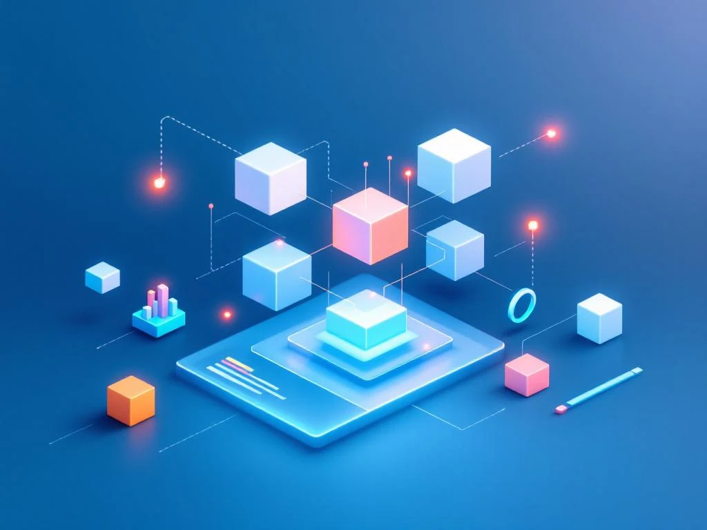 Dashboard interface met blauwe kubussen voor voorraadtracking, verbonden door stippellijnen en oranje accenten