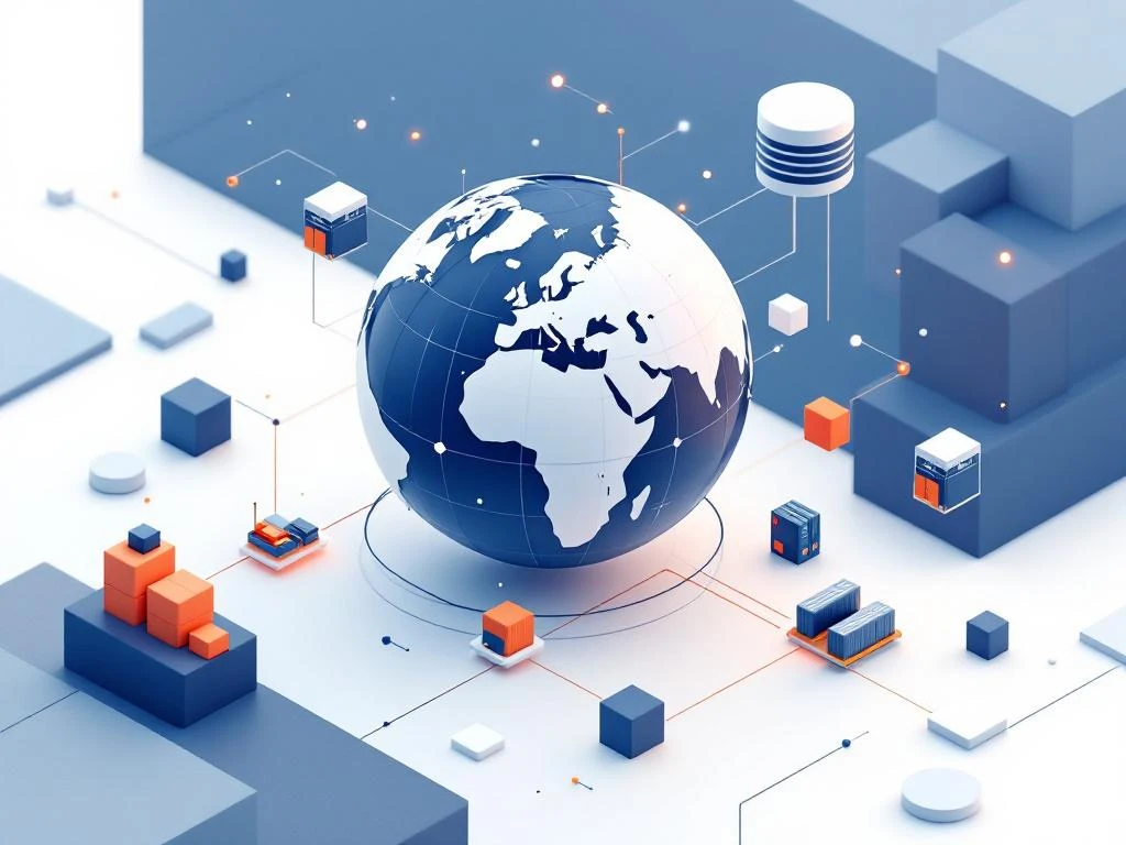 3D wereldbol met zwevende verzendcontainers en magazijnelementen, verbonden door lijnen die wereldwijde toeleveringsketen tonen
