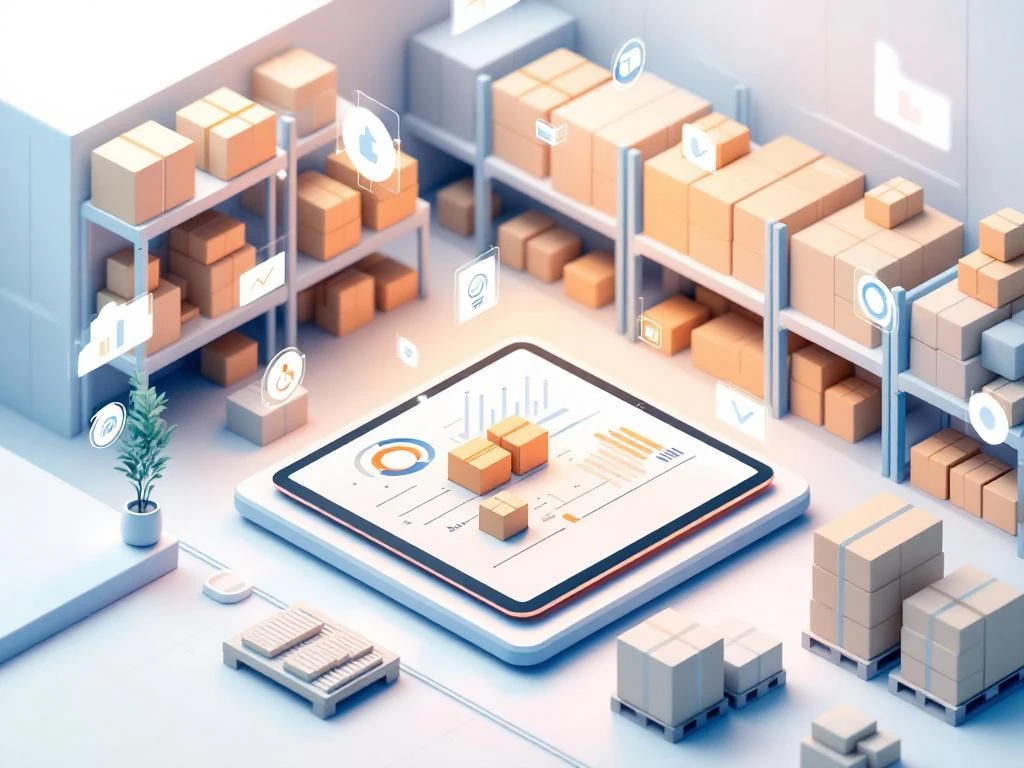 Tablet met inventaris-analytics in minimalistische 3D isometrische magazijn met georganiseerde voorraadboxen en blauwe interface