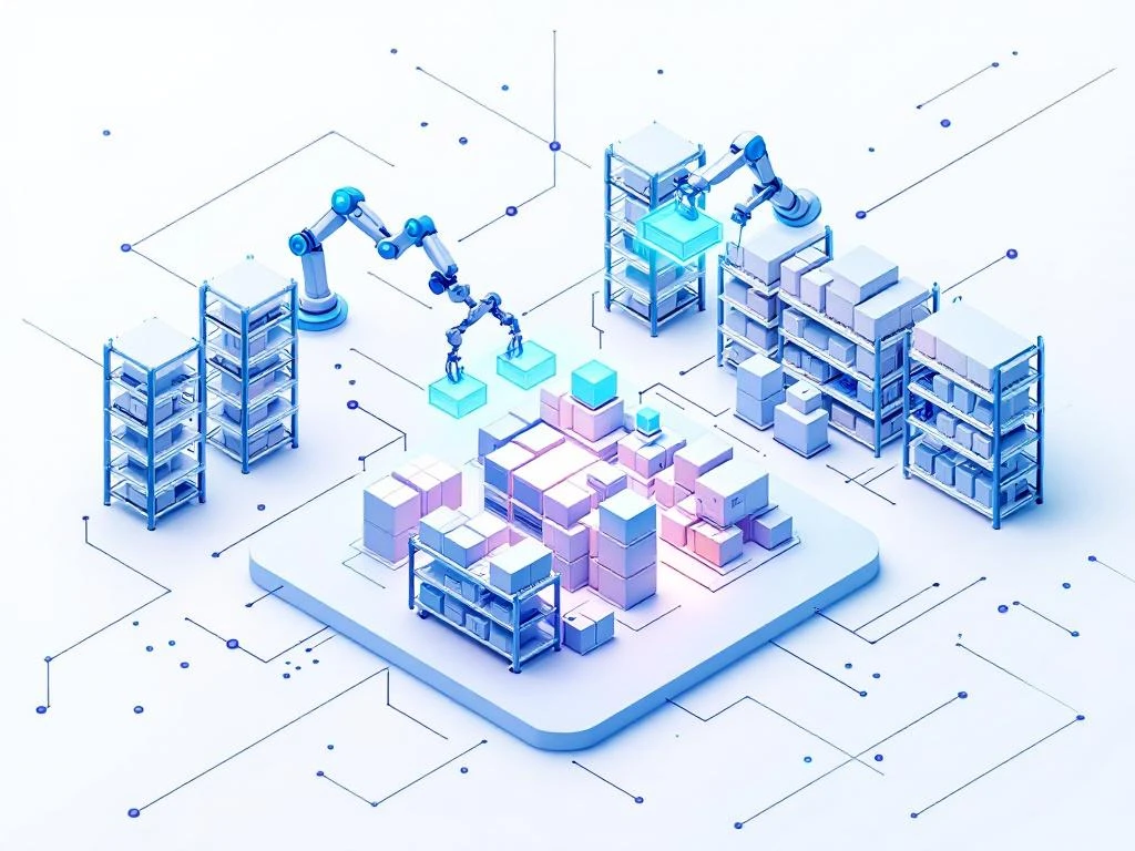 3D isometrisch magazijn met blauwe geometrische voorraadblokken, robotarmen en AI-netwerkpatronen op witte achtergrond
