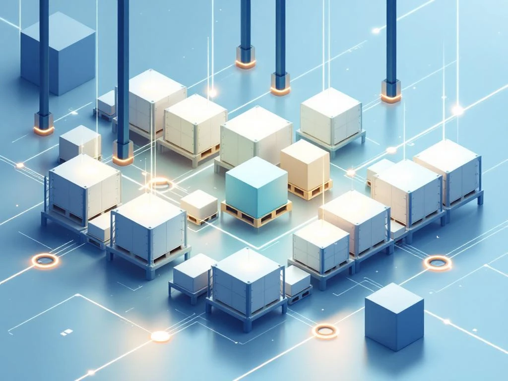 Moderne isometrische magazijnruimte met zwevende voorraaddozen, digitale scanstralen en geautomatiseerde tracking systemen
