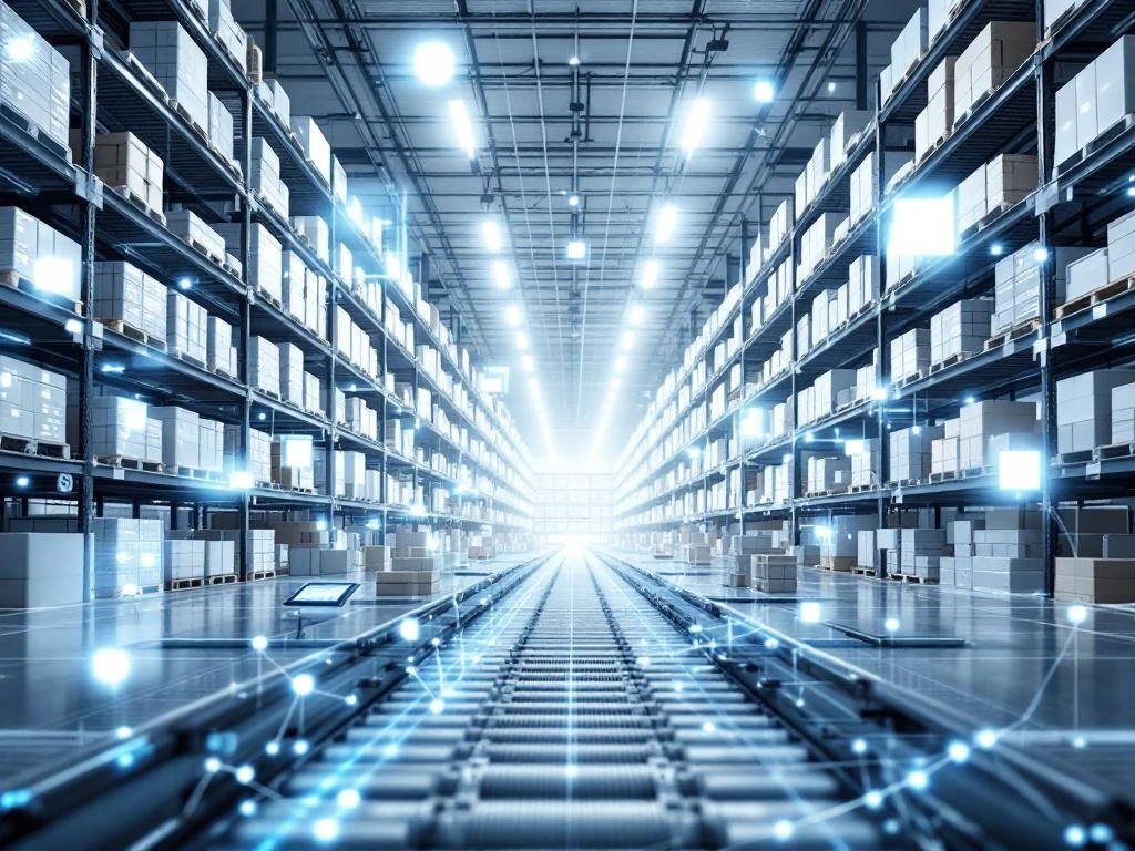Moderne magazijnruimte met georganiseerde voorraadrekken, barcodescanners en digitale tablets voor automatisering