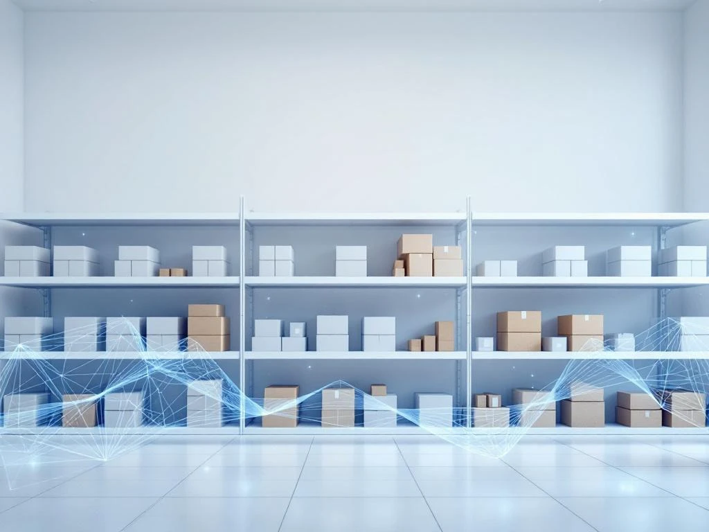 Minimalistische magazijn met georganiseerde voorraadboxen, digitale tracking-overlay en barcodescanner voor geautomatiseerd voorraadbeheer