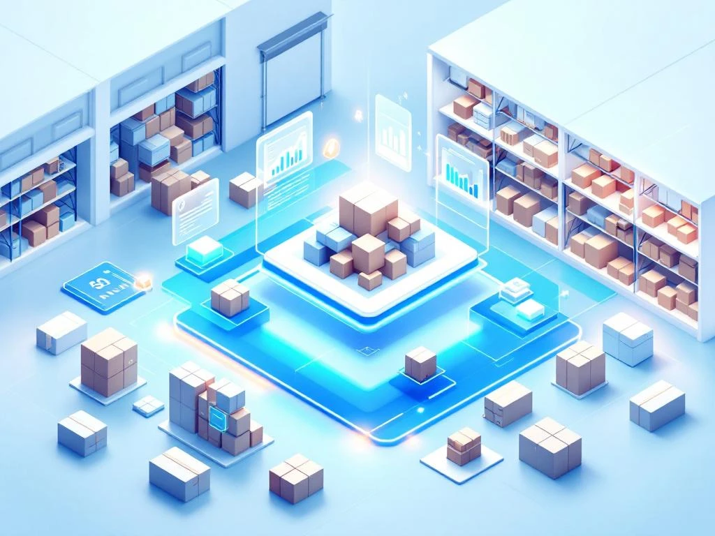 3D isometrisch magazijn met digitale interface-elementen, voorraadbeheersysteem in blauwe en witte tinten