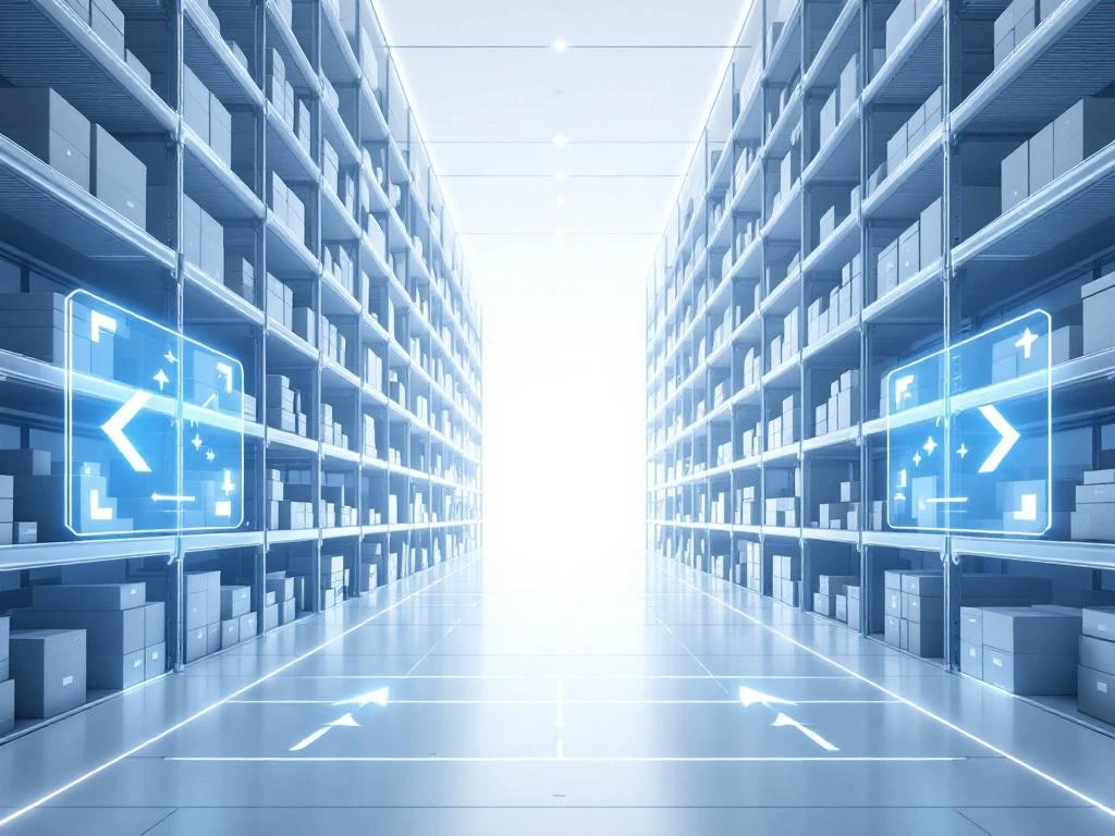 Moderne minimalistische magazijnruimte met symmetrische stellingen, holografische inventarisdisplays en geautomatiseerde systemen