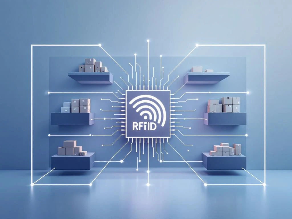 RFID-chip pictogram omringd door magazijnrekken en voorraaddozen met draadloze verbindingslijnen op blauwe achtergrond