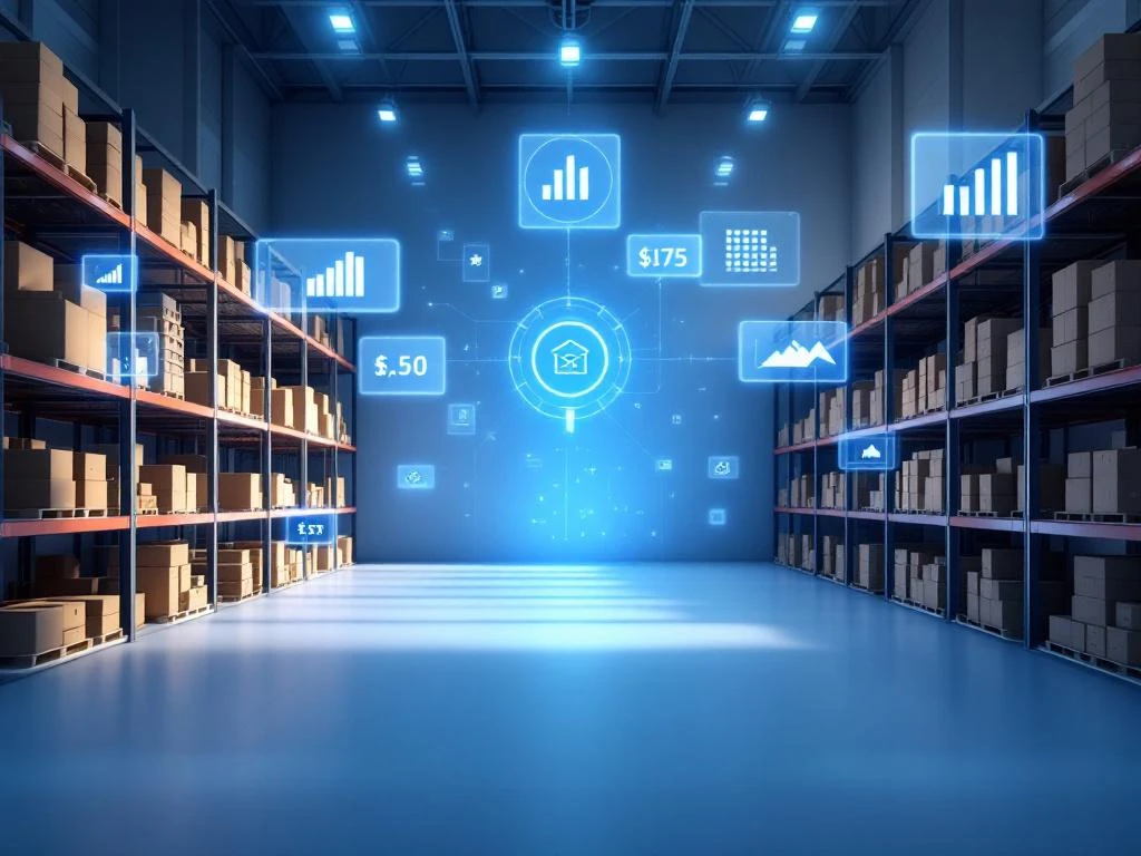 Modern magazijn met geometrische opslagrekken en zwevende digitale interface-elementen voor voorraadbeheer