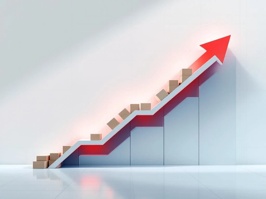 Minimalistische magazijnstellingen met rode lege vakken en blauwe gevulde secties, pijl toont voorraadaanvulling