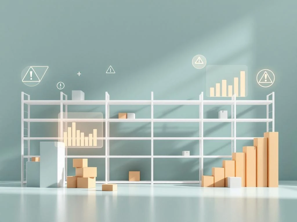 Lege magazijnrekken met waarschuwingssymbolen en dalende grafieken die voorraadtekorten illustreren