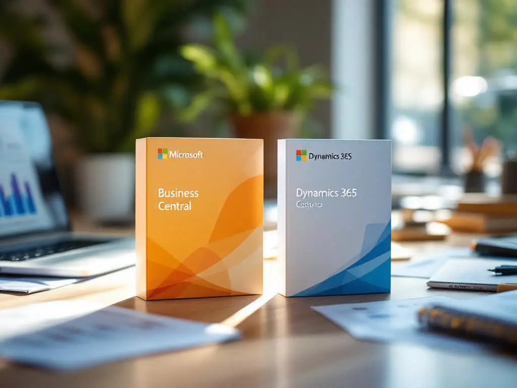 Moderne kantoordesk met Microsoft Business Central en Dynamics 365 softwareboxen naast laptop met dashboard analytics
