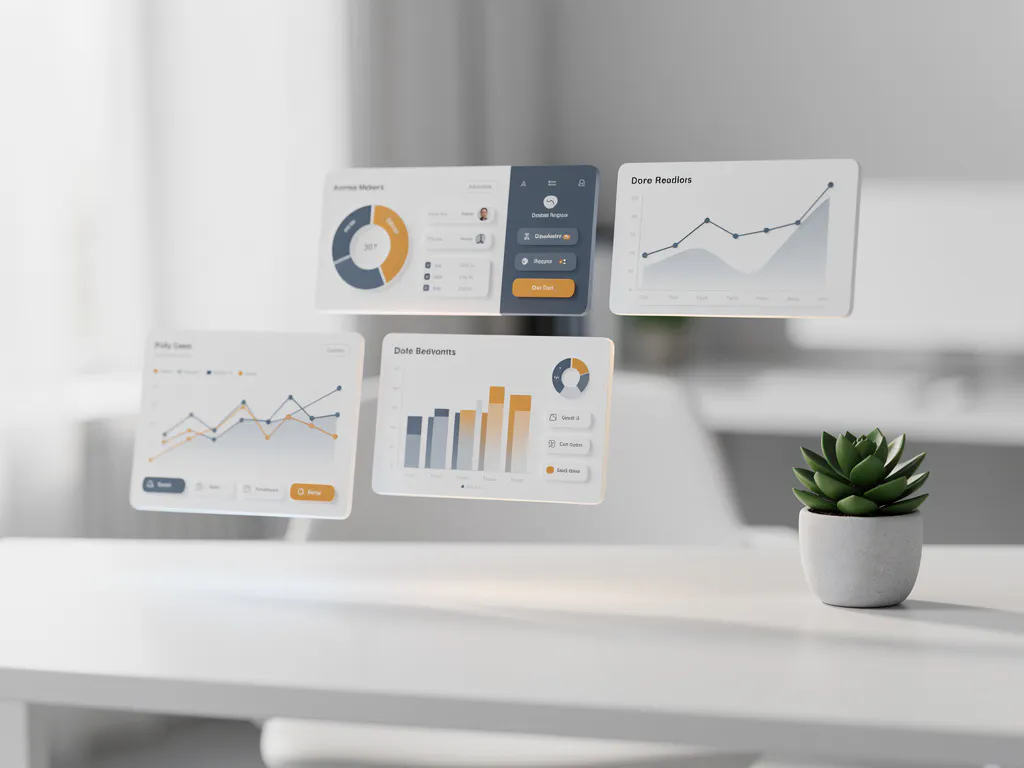 Strak dashboard-interface met geometrische datavisualisatie boven minimalistische witte bureau, vetplant als contrast