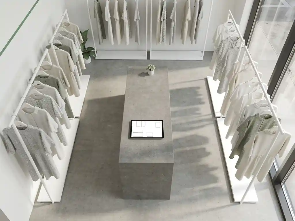 Minimalistische modeboetiek met witte kledingrekken, tablet met wireframes op betonnen toonbank, natuurlijk licht
