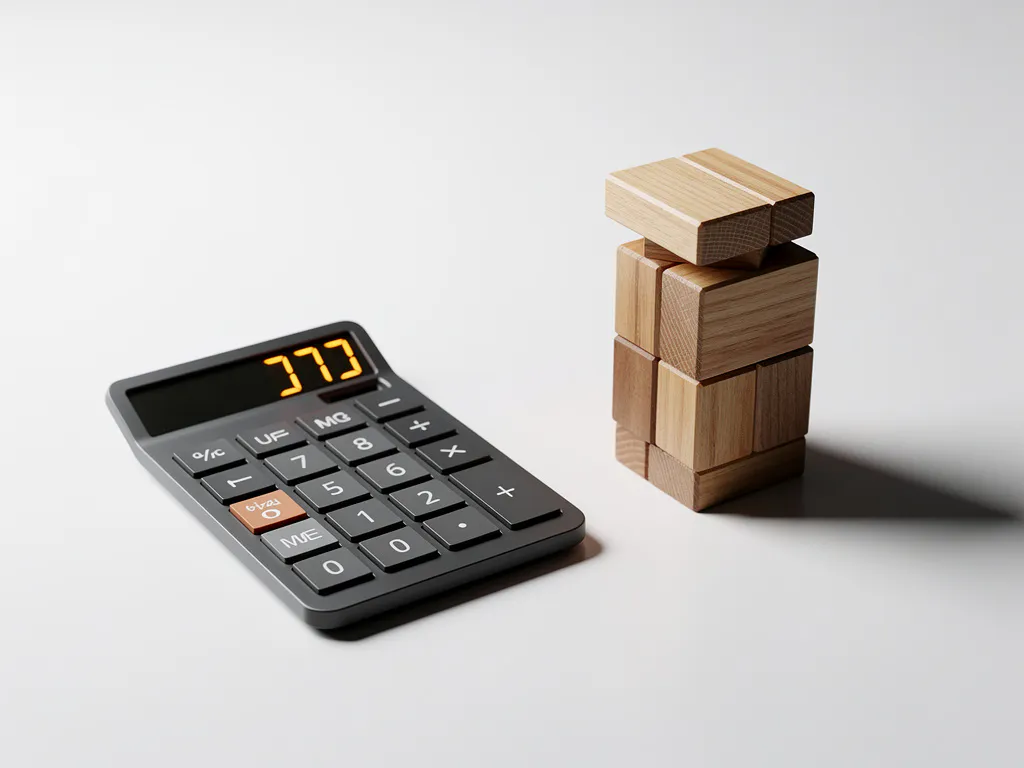 Rekenmachine met amber display naast gestapelde houten blokken op wit bureau, minimalistische compositie met zachte schaduwen