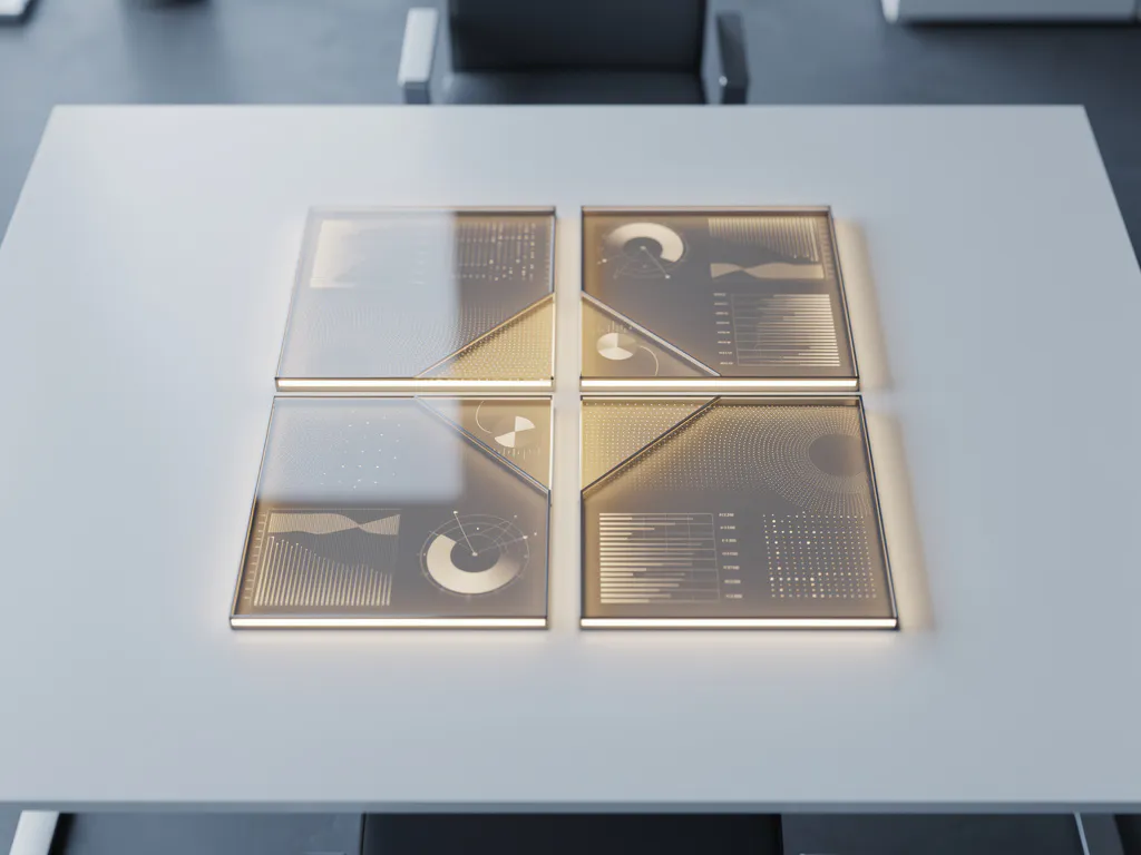 Zeven verlichte dashboardmodules in geometrisch raster op wit bureau in modern kantoor, bovenaanzicht