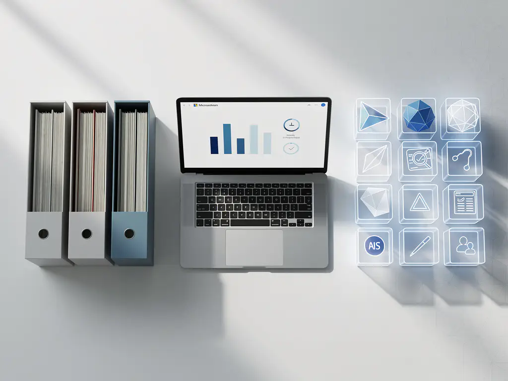 Laptop toont data migratie interface op wit bureau met geometrische archiefdozen die overgaan van papier naar digitaal