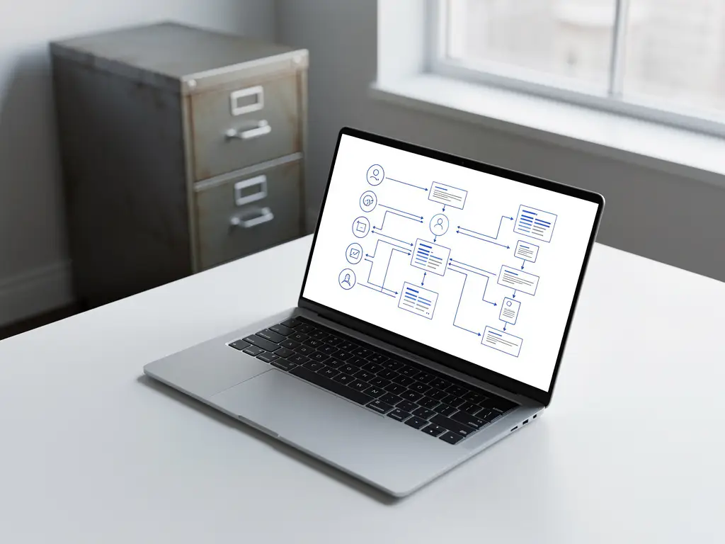 Moderne laptop toont datastroomdiagrammen op wit bureau met vintage archiefkast op achtergrond, overgang oude naar nieuwe systemen