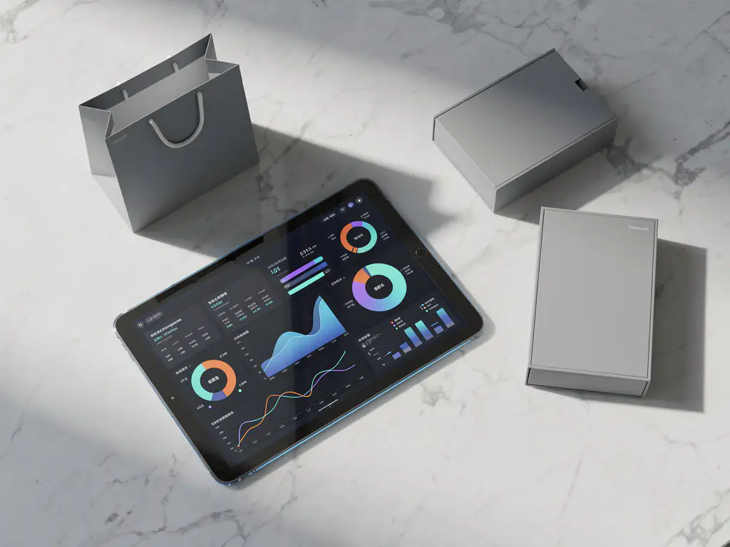 Glazen tablet met kleurrijke datavisualisatie grafieken op wit marmeren bureau met geometrische winkeltas en productdoos