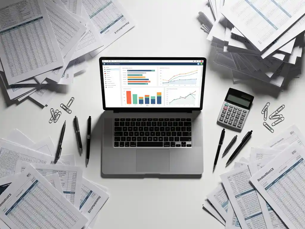 Rommelig kantoorbureau met verspreide Excel-spreadsheets en rapporten, laptop toont georganiseerde datagrafieken in contrast