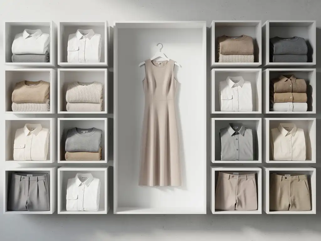 Witte magazijnplank met netjes georganiseerde kleding in geometrische rijen, elegante jurk centraal hangend, gevouwen kledingstukken in neutrale tinten