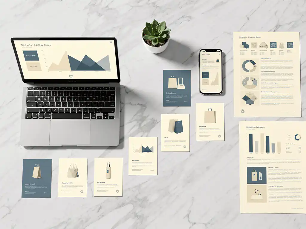 Laptop en smartphone op wit marmeren bureau verbonden door productkaarten, met zakelijke documenten en vetplant