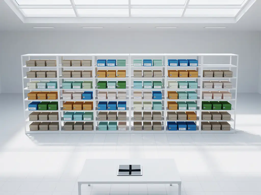 Wit magazijn met geometrische stellingen vol gekleurde voorraaddozen, tablet op minimalistisch bureau, natuurlijk licht van bovenaf