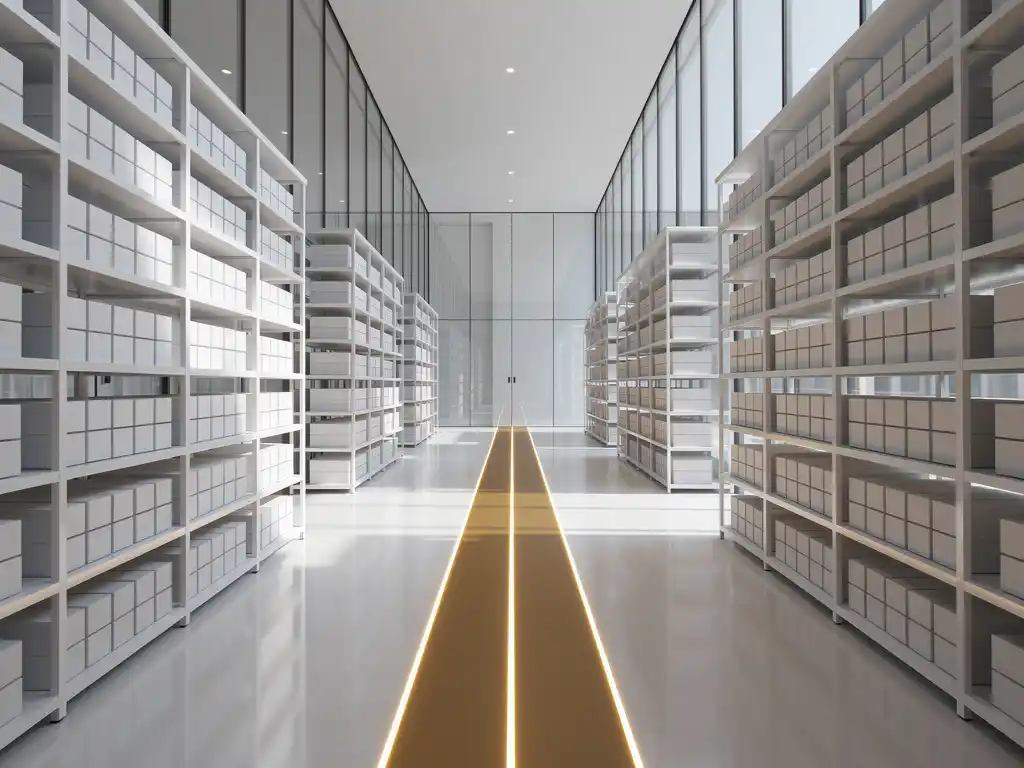 Glazen magazijn met geometrische stellingen vol witte dozen en verlichte centrale loopgang in minimalistische architectuur