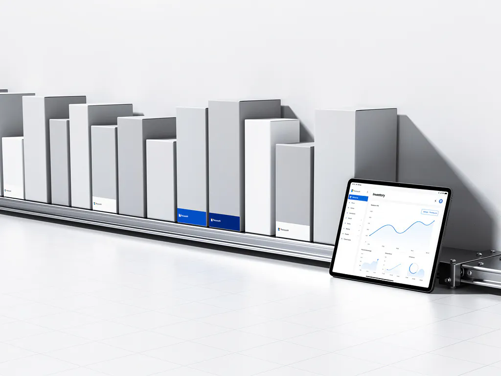 Magazijnrek met productdozen en tablet met inventarisgegevens in moderne witte opslagfaciliteit