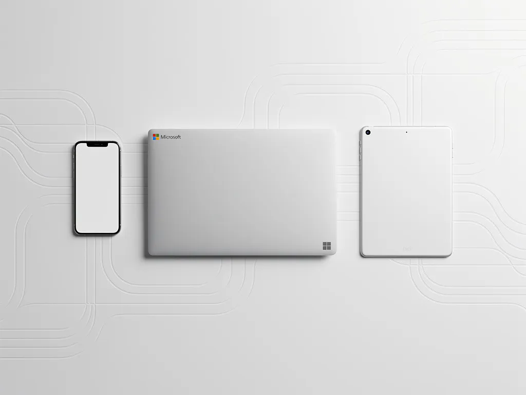 Witte bureau met smartphone, laptop en tablet verbonden door vloeiende lijnen, minimalistische compositie met zachte schaduwen