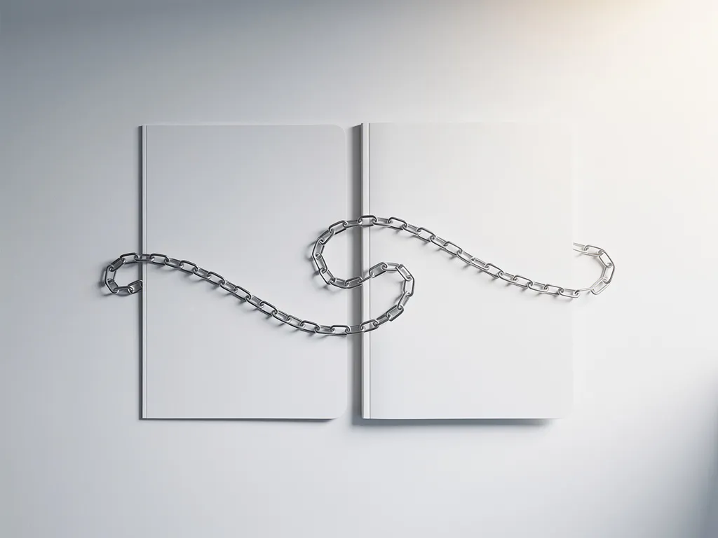 Twee minimalistische witte mappen verbonden door zilveren ketting op modern wit bureau, bovenaanzicht met zachte schaduwen
