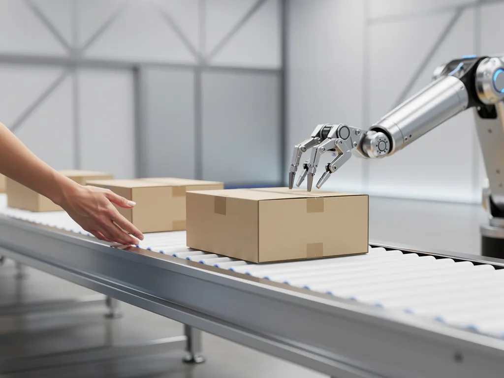 Robotarm plaatst kartonnen pakket op witte transportband terwijl menselijke hand parallel pakket begeleidt in moderne magazijn