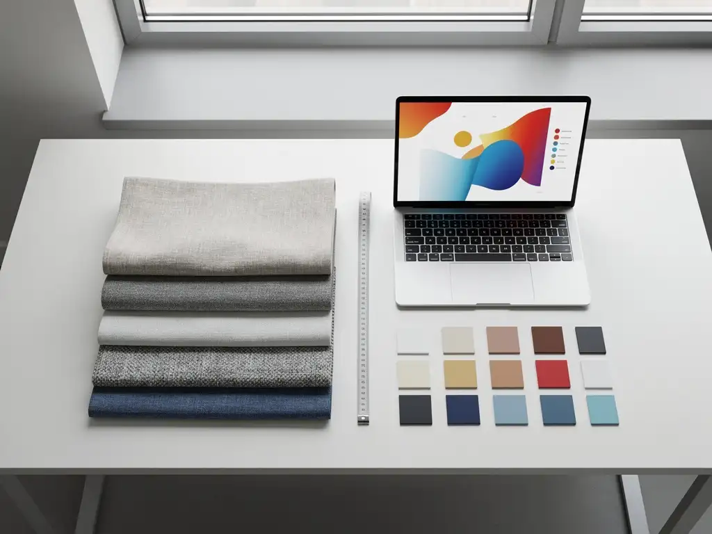 Stapel stoffenstalen naast laptop met leveranciersgegevens, meetlint en kleurenkaarten op wit bureau in modern kantoor