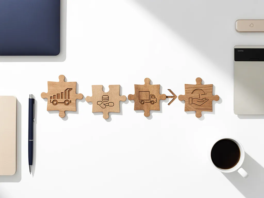 Houten puzzelstukken vormen een supply chain pad op een consultant bureau, elk stuk vertegenwoordigt bedrijfsvaardigheden zoals analyse en logistiek