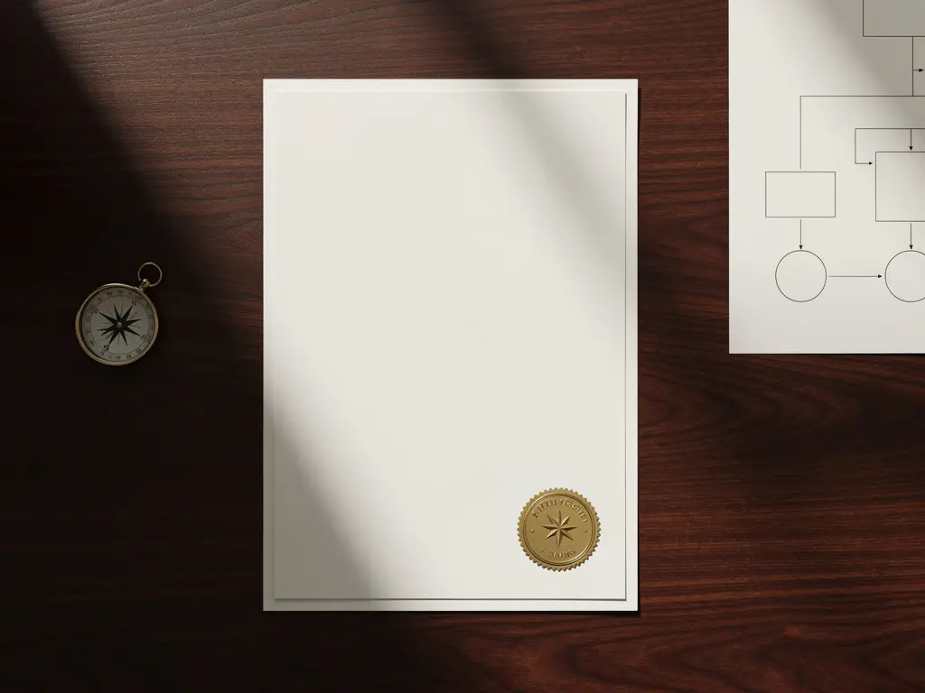 Wit diploma met gouden zegel op donkere houten bureau met kompas en organisatiekaart in natuurlijk licht