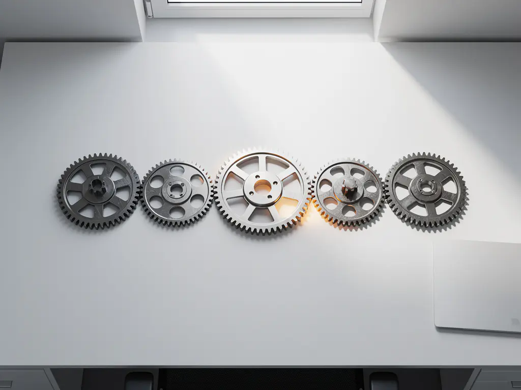 Zeven onderling verbonden metalen tandwielen op een witte bureauoppervlak die verschillende fasen van de toeleveringsketen vertegenwoordigen
