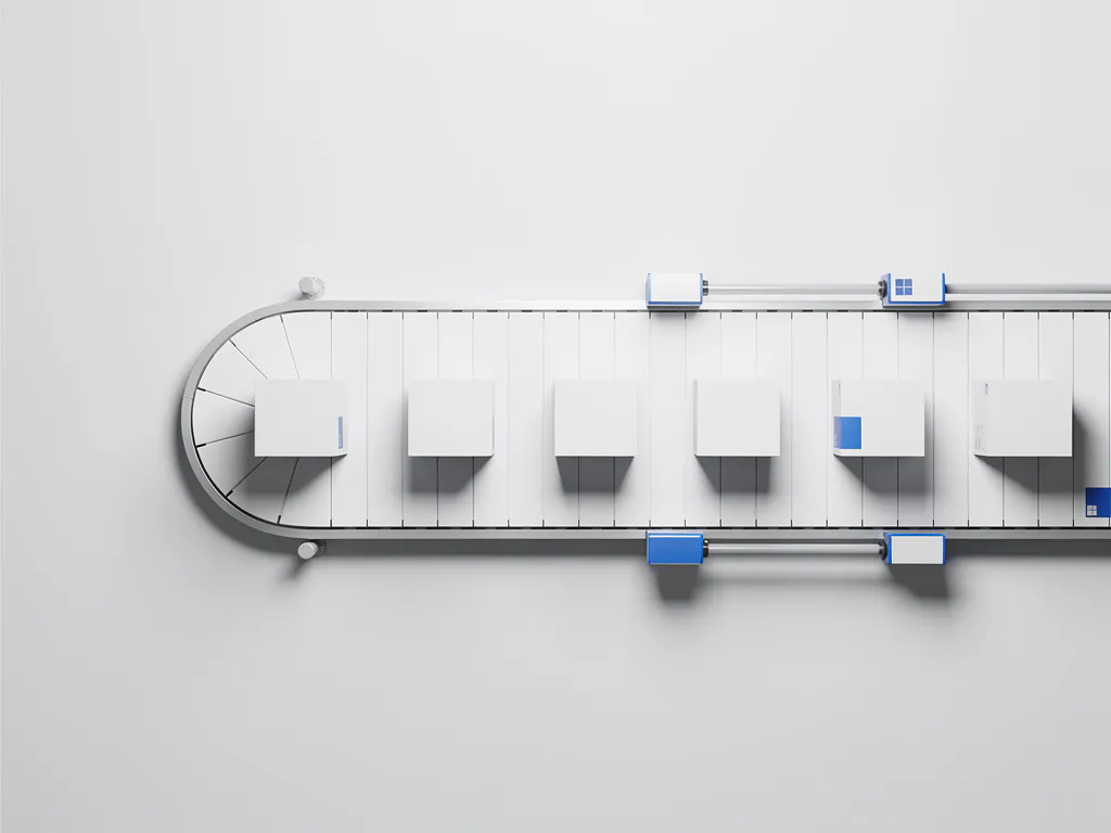 Witte transportband met geometrische kubussen in perfecte rij, minimalistisch werkruimte met zachte schaduwen en blauwe accent