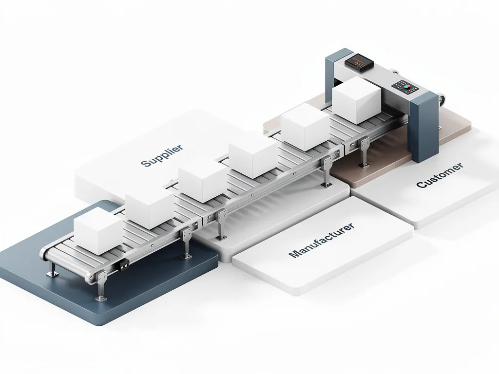 Gestroomlijnd transportbandsysteem met witte dozen die tussen leverancier, fabrikant en klant stations stromen in minimalistische werkruimte