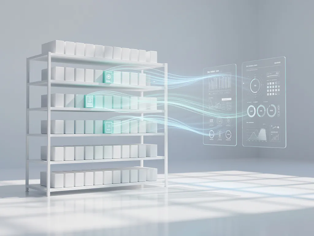 Georganiseerde witte productdozen op magazijnrek met digitale datastromen verbonden aan zwevend dashboard in minimale blauwe omgeving