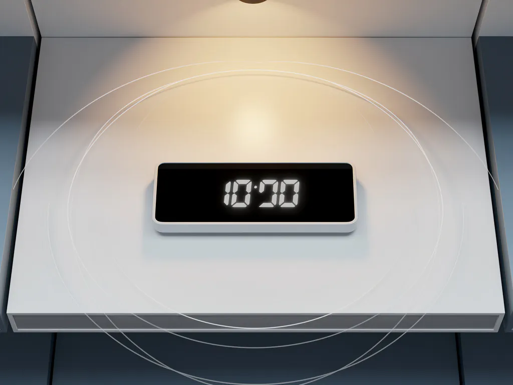 Digitaal prijskaartje op een minimalistische retailplank, verlicht door warm amberkleurig licht, met subtiele datalijnen in wit en leisteenblauw.