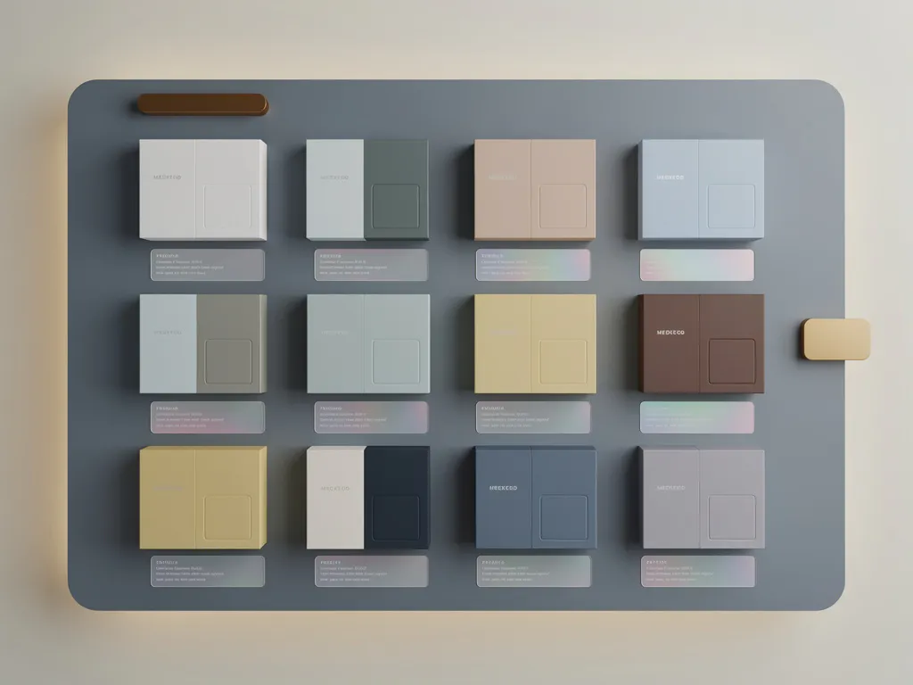Minimalistische retaildisplayplank met kleurgecodeerde productpakketten, holografische datakaart, leisteenblauw en ivoorwit met amberaccent.
