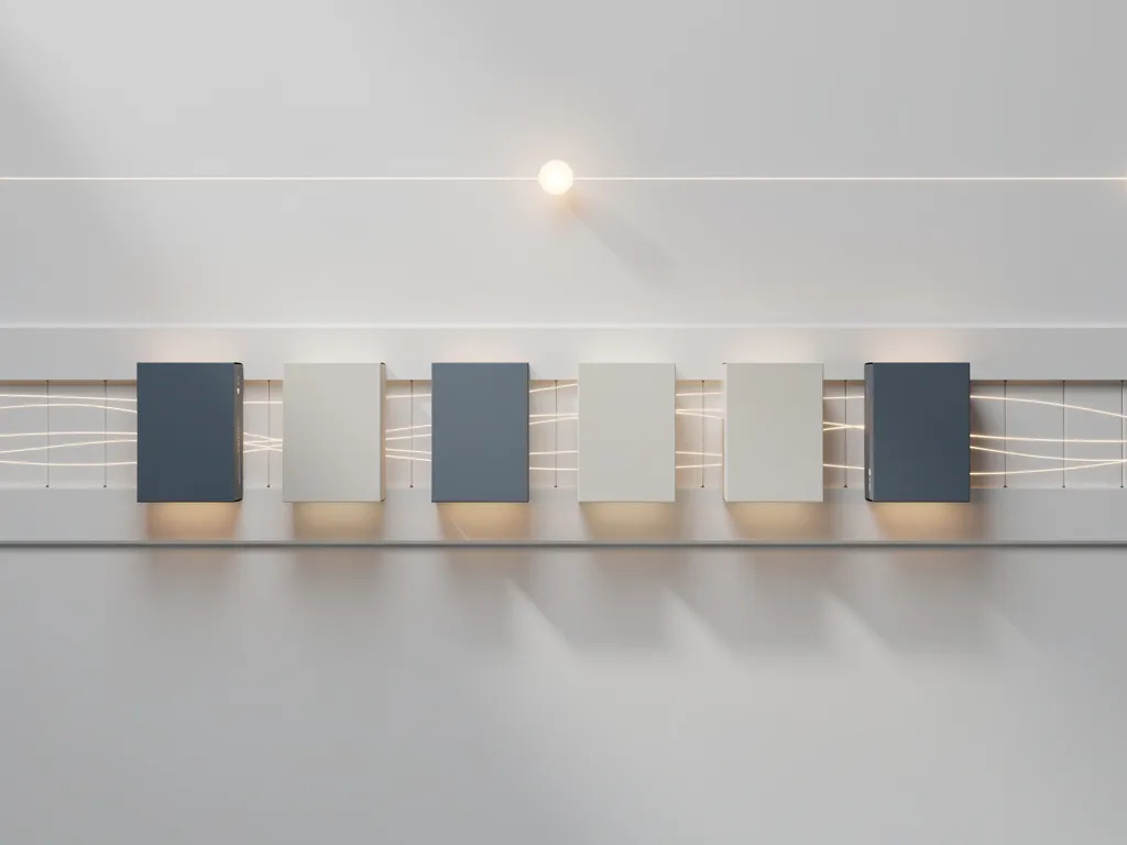 Minimalistische productdozen op wit transportband, verbonden door lichtgevend knooppunt in leisteenblauw en amber tinten.