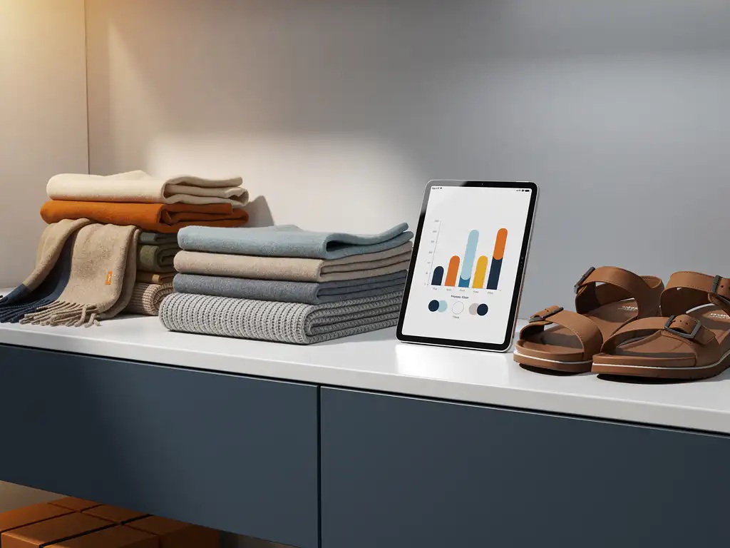 Winkelrek met wintersjaal en zomersandalen naast elkaar, tablet met staafdiagrammen ertegenaan, minimalistische blauw-witte omgeving.