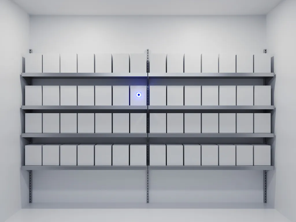Netjes gerangschikte productdozen op een magazijnplank met een blauw gloeiend sensorlampje voor slimme voorraadbeheer.