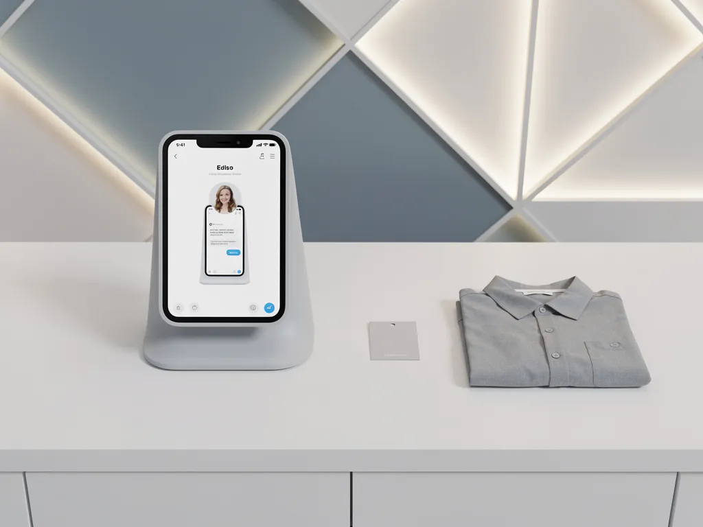 Minimalistische retailchatbot-kiosk op wit winkelblad met gevouwen kledingstuk, productetiket en geometrische lichtpanelen in blauw en zilver.